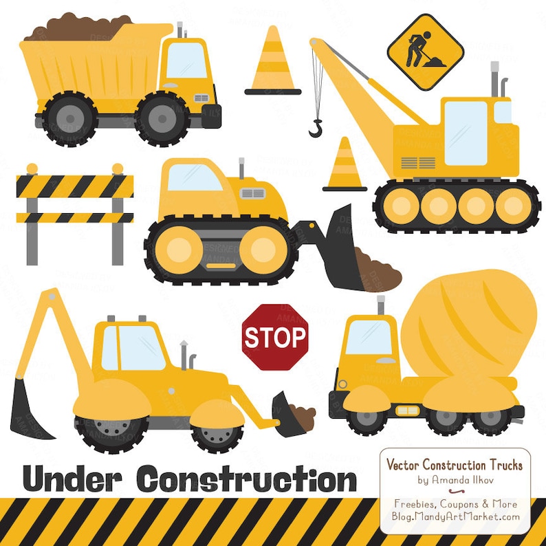 May include: A collection of yellow construction vehicles, including a dump truck, excavator, and cement mixer. The image also features traffic cones, a stop sign, and a construction worker sign. Text reads "Under Construction" and "Vector Construction Trucks".