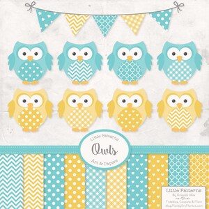 Premium Owl Clipart, Vectors & Digital Papers in Fresh Aqua en Geel - Spring Owl Clip Art, Owl Vectors, Pattered Owls, Baby Owls