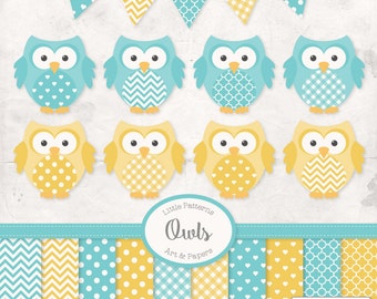 Premium Owl Clipart, Vectors & Digital Papers in Fresh Aqua and Yellow - Spring Owl Clip Art, Owl Vectors, Pattered Owls, Baby Owls