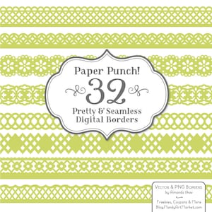 32 Premium Bamboo Paper Punch Lace Borders Clipart & Vectors - Green Lace Border, Scrapbook Borders, Digital Lace, Lace Vector