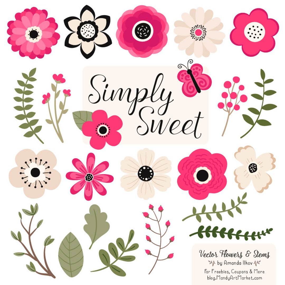 Cute Flowers Clipart in Hot Pink - Hot Pink Vector Flowers, Hot Pink ...