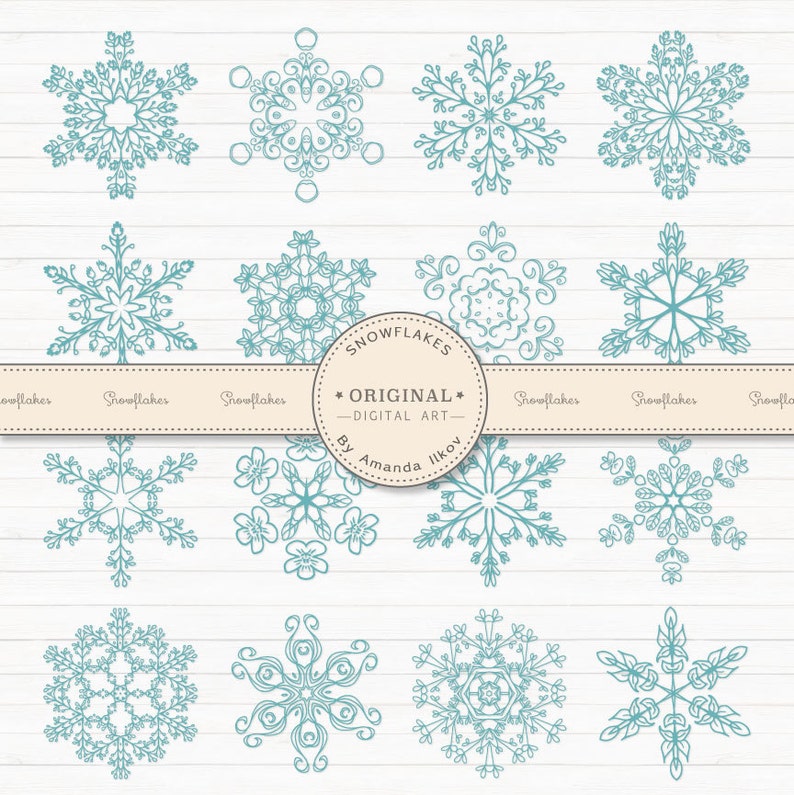 K&ouml;nnte beinhalten: Ein Set mit 12 handgezeichneten Schneeflocken-Illustrationen in blaugr&uuml;n. Die Schneeflocken haben alle unterschiedliche Designs und sind perfekt, um Ihren Projekten einen Hauch von Winterzauber zu verleihen.