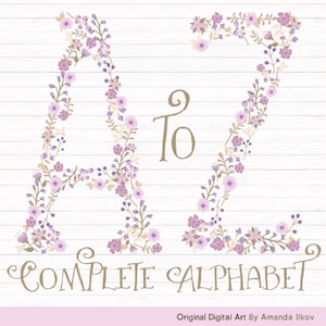 Professional Floral Alphabet Clipart & Vectors - Lavender Floral Monogram Clipart, Floral Alphabet Clip Art, Floral Letters, Wedding Clipart
