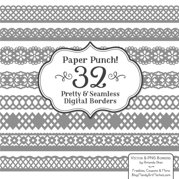 32 Premium Grey Paper Punch Lace Borders Clipart & Vectors - Grey Lace Border, Scrapbook Borders, Digital Lace, Lace Vector