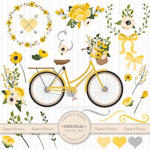 May include: A yellow bicycle with a basket of yellow and white flowers. The bicycle is surrounded by yellow and white flowers, wreaths, bows, and hearts. The text "Poppies & Peonies" and "Original Digital Art by Amanda Ilkov" is included in the image.