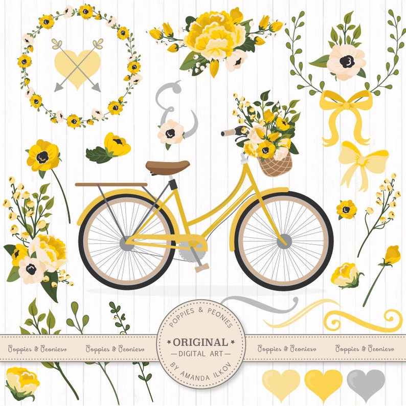 May include: A yellow bicycle with a basket of yellow and white flowers. The bicycle is surrounded by yellow and white flowers, wreaths, bows, and hearts. The text "Poppies & Peonies" and "Original Digital Art by Amanda Ilkov" is included in the image.