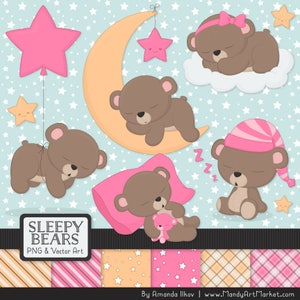 Professional Pink Sleepy Bears Clipart - Pink Bedtime Bears Clipart, Teddy Bear Vectors, Sleeping Bears