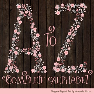 Professional Floral Alphabet Clipart & Vectors Pink And Grey Floral Monogram, Floral Alphabet Clip Art, Floral Wedding Clipart image 2