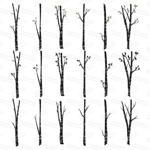 May include: A set of 18 black silhouette images of birch trees with varying branch and leaf details. The trees are all the same height and width, and they are arranged in a grid pattern.