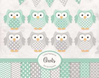 Premium Owl Clipart, Vectors & Digital Papers in Mint with Grey - Mint Green Owl Clip Art, Owl Vectors, Pattered Owls, Baby Owls