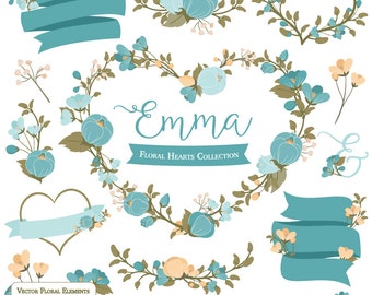 Emma Floral Heart Clipart & Vectors in Vintage Blue - teal flowers, blue floral, flower heart clipart, floral heart, wedding clipart