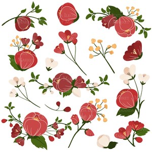 May include: A set of red and white floral illustrations. The flowers are in various stages of bloom, with some fully open and others still in bud. The flowers are surrounded by green leaves and stems.