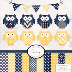 Premium Owl Clipart, Vectors & Digital Papers in Marine en Citroen - Gele en Navy Owl Clip Art, Owl Vectors, Pattered Owls, Baby Owls