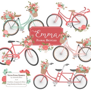 May include: A set of five floral bicycle illustrations in pink, green, and white. The bicycles have baskets filled with flowers and are decorated with floral accents. The text "Emma Floral Bicycles" is displayed on a red banner.