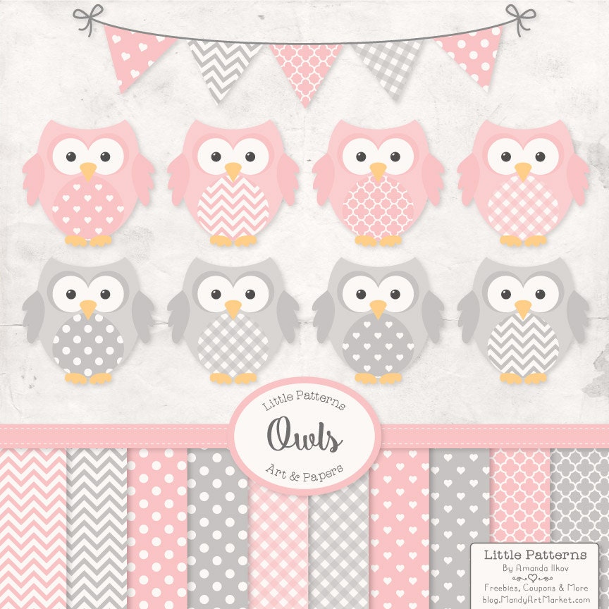 Premium Owl Clipart, Vectors & Digital Papers in Soft Pink with Grey - Baby Pink Owl Clip Art, O