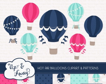 Navy & Hot Pink Hot Air Balloons Clipart with Digital Papers - navy and hot pink hot air balloons clipart, hot air balloons vectors