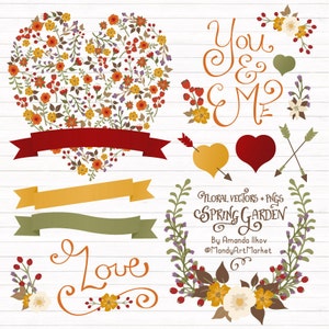 Professional Floral Heart Clipart & Vectors - Floral Heart Clip Art, Autumn Wedding Clipart, Wedding Clip Art, Wedding Vectors, Love Clipart
