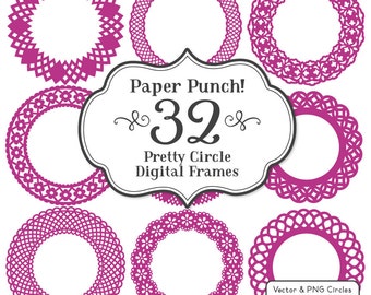 32 Premium Paper Punch Fuchsia Lace Frames Clipart & Vectors - Fuchsia Lace Circle Frames, Scrapbook Frames, Digital Frames, Vector Frames