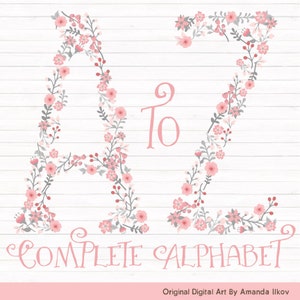 Professional Floral Alphabet Clipart & Vectors Pink And Grey Floral Monogram, Floral Alphabet Clip Art, Floral Wedding Clipart image 1