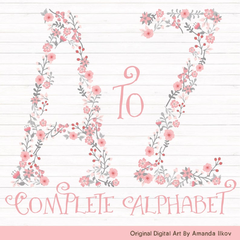 Professional Floral Alphabet Clipart & Vectors Pink And Grey Floral Monogram, Floral Alphabet Clip Art, Floral Wedding Clipart image 1