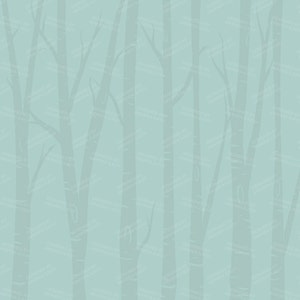 May include: A digital illustration of a forest with bare trees in a light blue colour.
