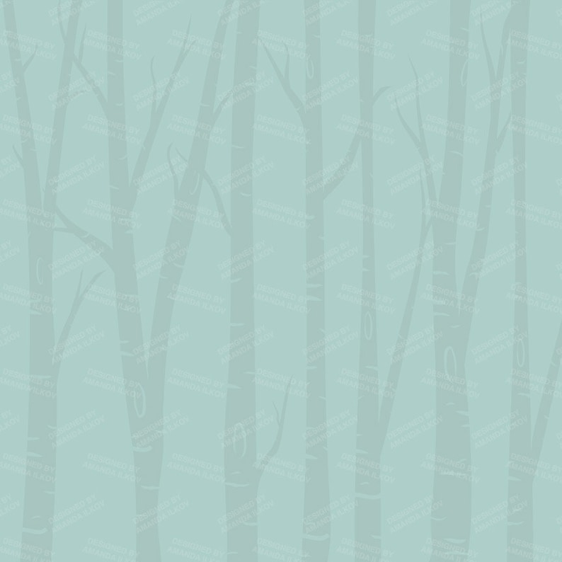 May include: A digital illustration of a forest with bare trees in a light blue colour.