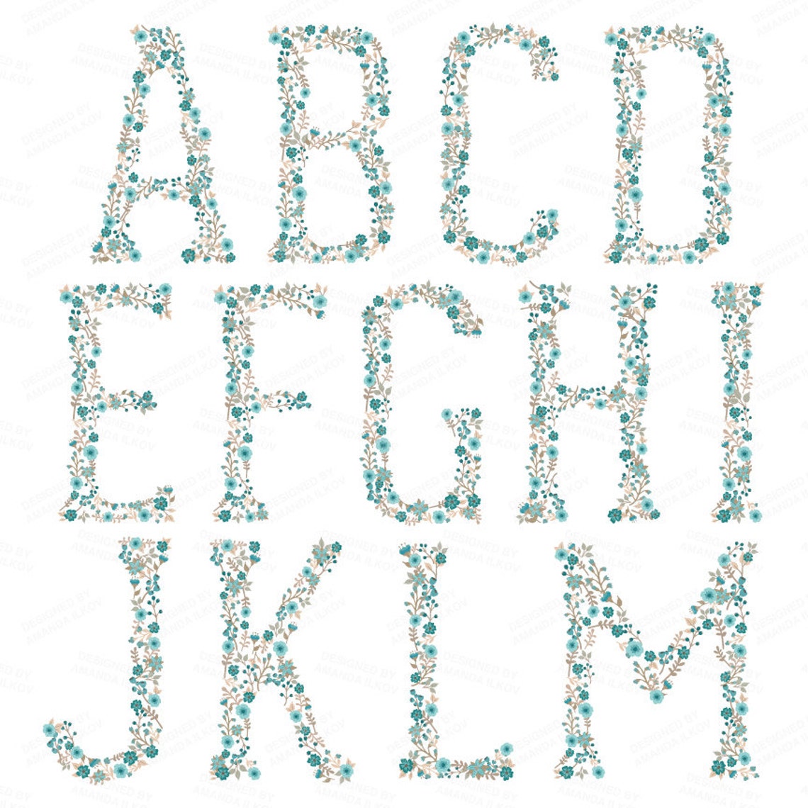 Professional Floral Alphabet Clipart & Vectors Vintage Blue | Etsy