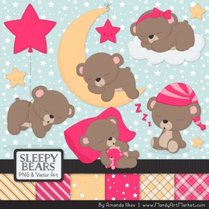Professional Hot Pink Sleepy Bears Clipart - Hot Pink Bedtime Bears Clipart, Teddy Bear Vectors, Sleeping Bears