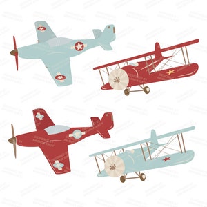 May include: Three vintage airplanes in red and blue colors. The airplanes are in different styles, including a biplane and a single-engine plane. The airplanes have stars on them.