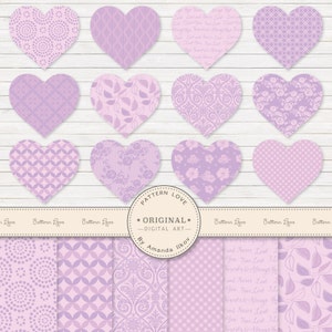 Puede incluir: Un conjunto de 12 patrones de papel digital en una gama de colores púrpura claro. Los patrones tienen forma de corazón y presentan varios diseños, incluyendo lunares, flores y patrones geométricos. Los patrones son perfectos para scrapbooking, creación de tarjetas y otros proyectos de manualidades.