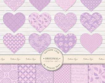 Premium Patterned Lavender Hearts Clip Art & Digital Papers - Hearts Clipart, Patchwork Clipart, Heart Vectors, Heart Patterns Clip Art