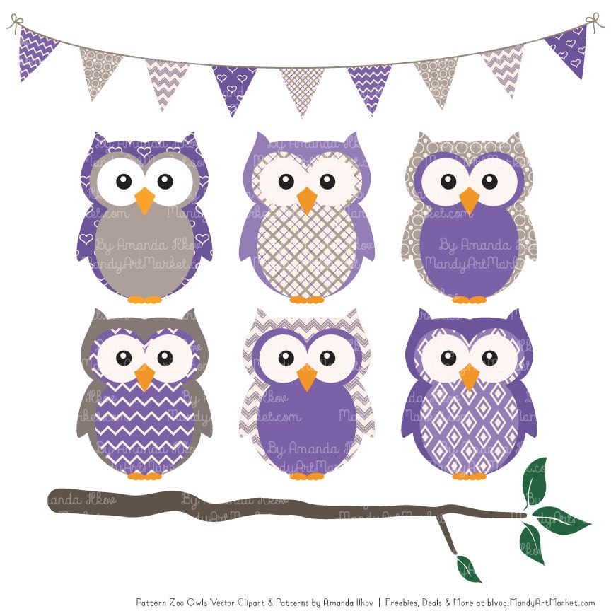 Patterned Purple Owls Clipart and Digital Papers - Purple Owl Clipart ...