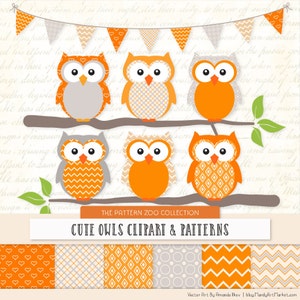 Patterned Tangerine Owls Clipart and Digital Papers - Orange Owl Clipart, Owl Vectors, Baby Owls, Cute Owls