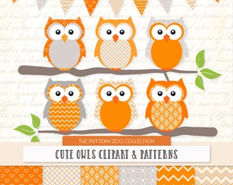 Patterned Tangerine Owls Clipart and Digital Papers - Orange Owl Clipart, Owl Vectors, Baby Owls, Cute Owls