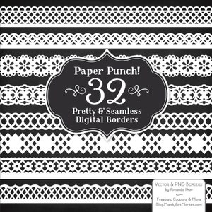 K&ouml;nnte beinhalten: Ein Schwarzwei&szlig;bild mit 32 verschiedenen Papierschneider-Randdesigns. Der Text "Paper Punch! 32 Pretty & Seamless Digital Borders" befindet sich in der Mitte des Bildes.