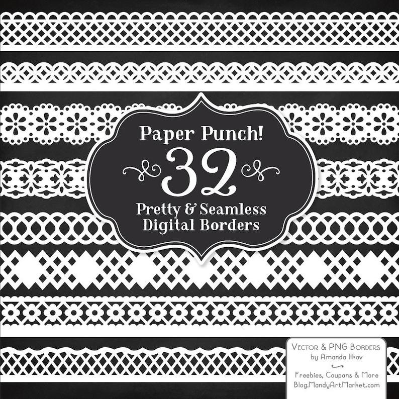 K&ouml;nnte beinhalten: Ein Schwarzwei&szlig;bild mit 32 verschiedenen Papierschneider-Randdesigns. Der Text "Paper Punch! 32 Pretty & Seamless Digital Borders" befindet sich in der Mitte des Bildes.