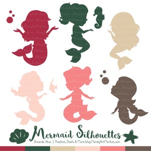 Professional Mermaid Silhouettes Clipart in Rose Garden - pink Mermaids, Mermaid Clipart, Mermaid Vectors