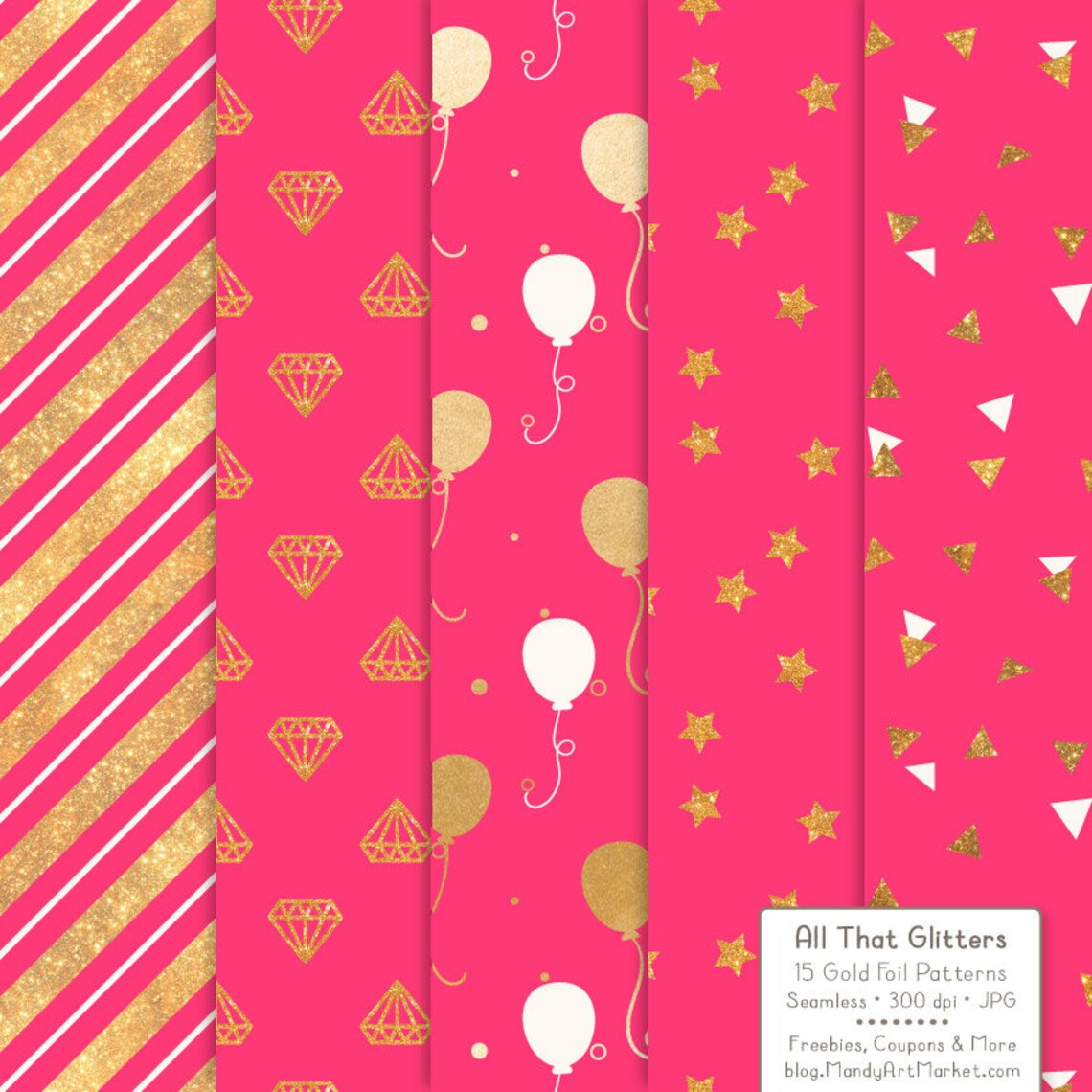 Premium Gold Foil Hot Pink Digital Papers - Party Patterns, Party ...