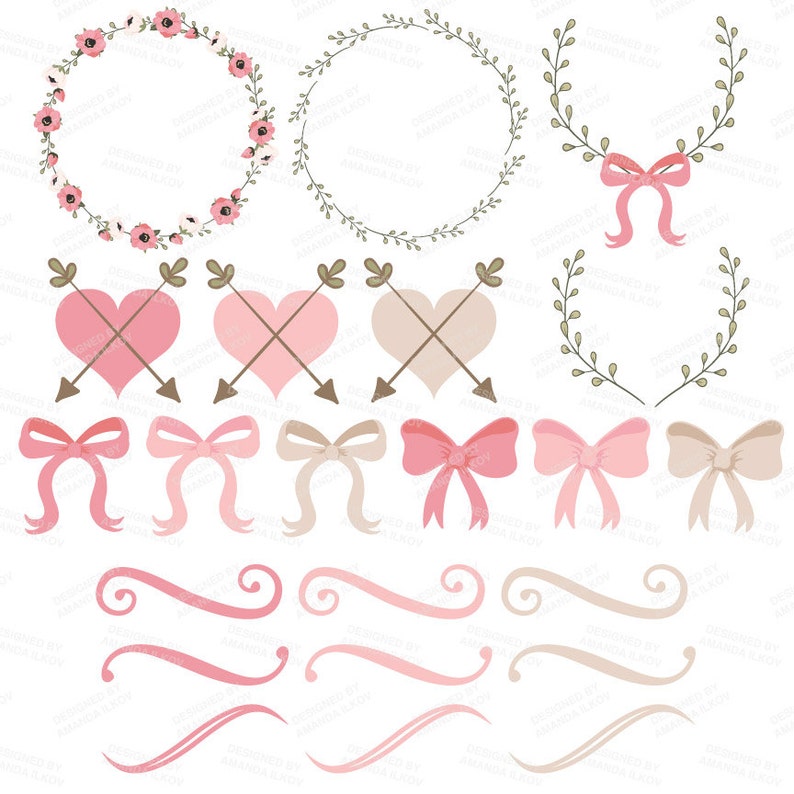 Peut inclure: Un ensemble de clipart num&eacute;rique rose et beige comprenant des couronnes, des c&oelig;urs, des n&oelig;uds, des fl&egrave;ches et des volutes. Ces graphiques sont parfaits pour ajouter une touche de romantisme &agrave; vos projets num&eacute;riques.
