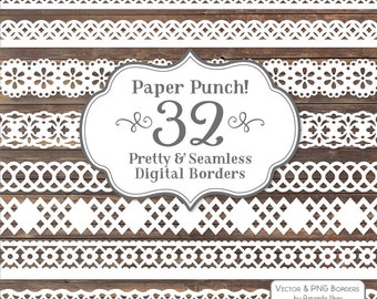 32 Premium White Paper Punch Lace Borders Clipart & Vectors - White Lace Border, Scrapbook Borders, Digital Lace, Lace Vector