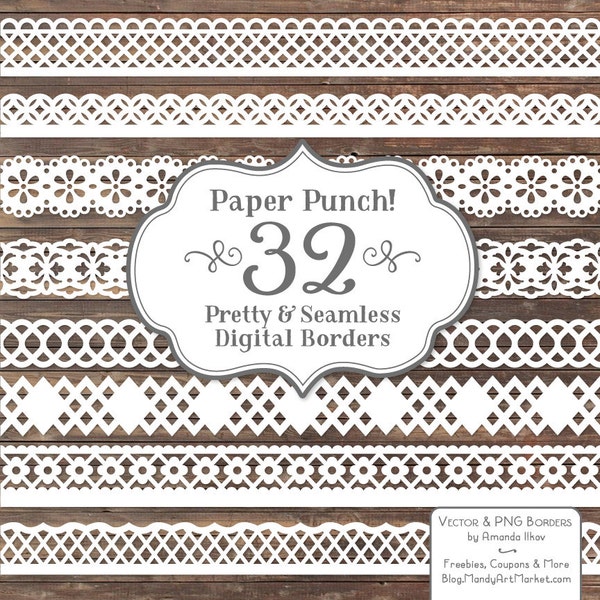 32 Premium White Paper Punch Lace Borders Clipart & Vectors - White Lace Border, Scrapbook Borders, Digital Lace, Lace Vector