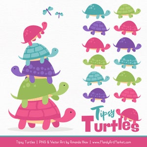 Puede incluir: Un conjunto de 10 ilustraciones de tortugas de dibujos animados de colores. Las tortugas están en varias poses, incluida una pila de cuatro tortugas. El texto "Tipsy Turtles" está escrito en letras rosas y verdes.