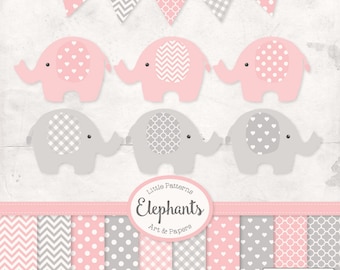 Premium Elephant Clipart, Vectors & Digital Papers in Soft Pink with Grey - Soft Pink Elephant Clip Art, Elephant Vectors, Baby Elephants