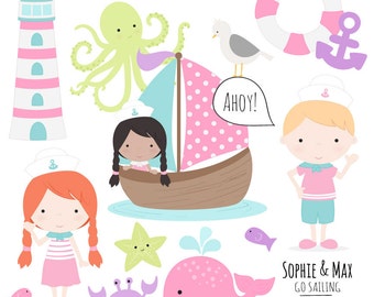 Cute Sailing Clipart in Fresh - Cute Nautical Clipart, Nautical Vectors, Kids Sailing, Kids Nautical, Sailing Vectors, Sailboat, Octopus