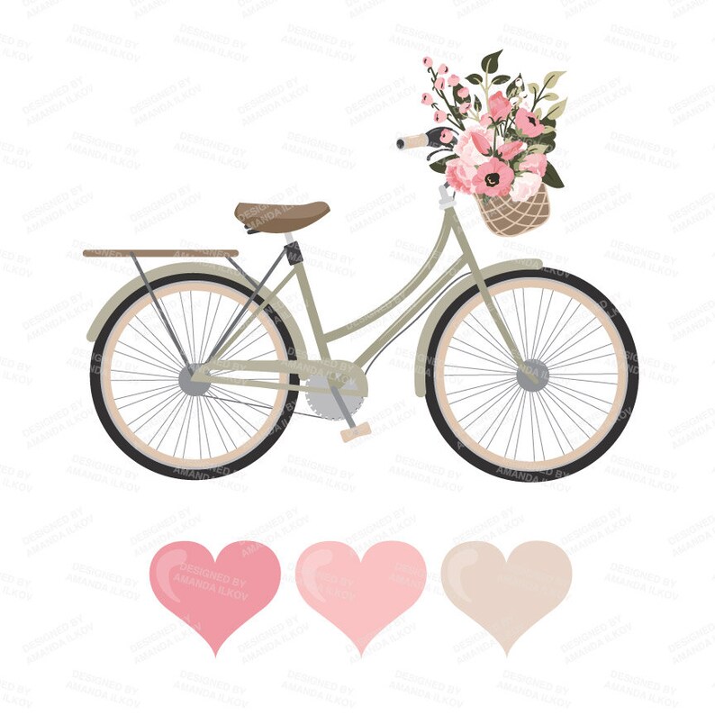 Peut inclure: Un v&eacute;lo vert clair avec un panier en osier rempli de fleurs roses et blanches. Le v&eacute;lo a une selle marron et des pneus noirs. Trois c&oelig;urs dans diff&eacute;rentes nuances de rose sont en dessous du v&eacute;lo.