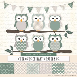 Patterned Hemlock Owls Clipart and Digital Papers - Hemlock Owl Clipart, Owl Vectors, Baby Owls, Cute Owls
