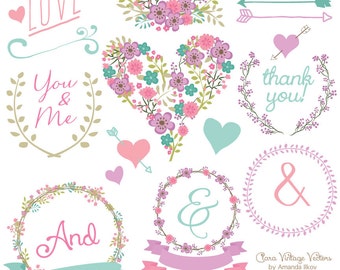 Premium Floral Clip Art & Vectors - Garden Party Wedding Clip Art, Wedding Clipart, Love Clipart, Vintage Flowers, Hand Drawn Flowers