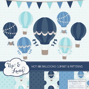 Oceana Hot Air Balloons Clipart with Digital Papers - blue hot air balloons clipart, hot air balloons vectors
