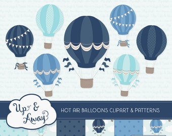 Oceana Hot Air Balloons Clipart with Digital Papers - blue hot air balloons clipart, hot air balloons vectors