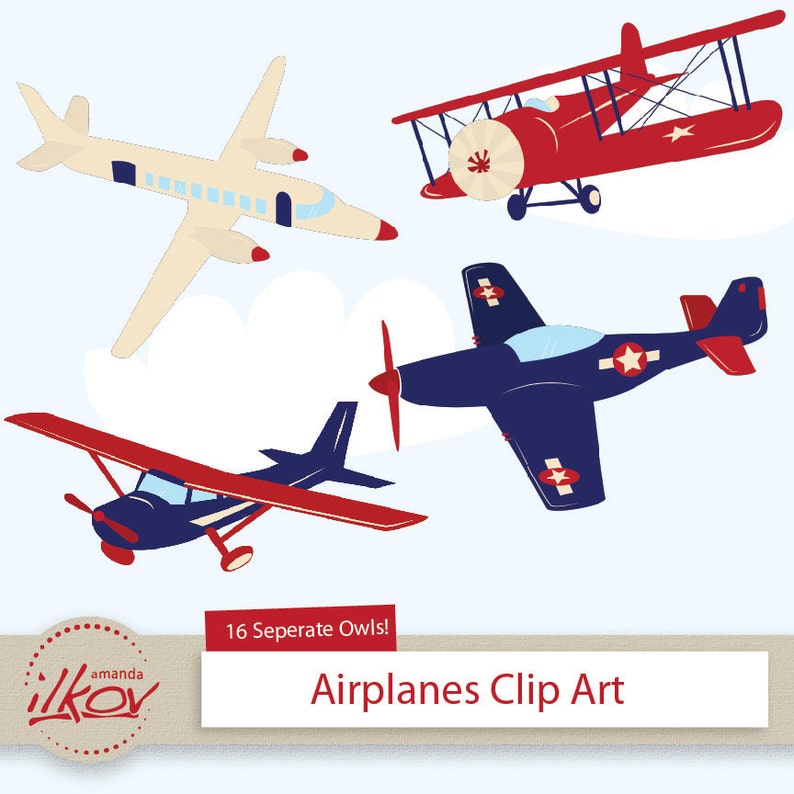 Professional Kids Airplane Clipart for Digital Scrapbooking, Crafting, Invitations, Web Design and More Cute Red and Blue Airplane image 1